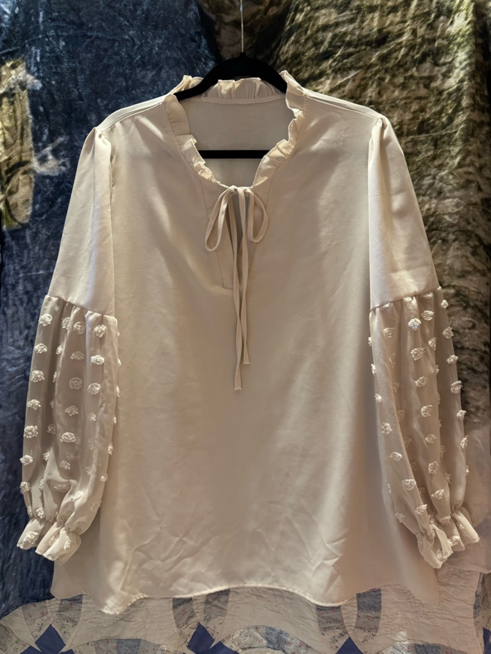 Ruffle Tie-Neck Cream Blouse with Dot-Embroidered Sheer Sleeves
